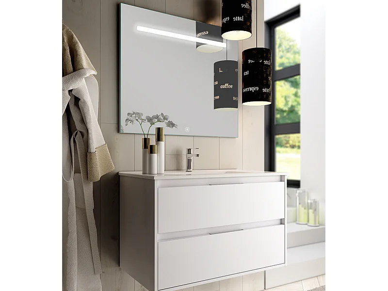 Meuble de salle de bain simple vasque - 2 tiroirs - IRIS et miroir Led STAM - blanc - 80cm