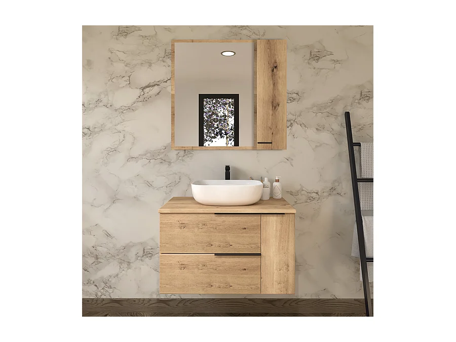 Meuble de salle de bain avec vasque à poser arrondie et miroir armoirette KING - Roble (chêne clair) - 80cm