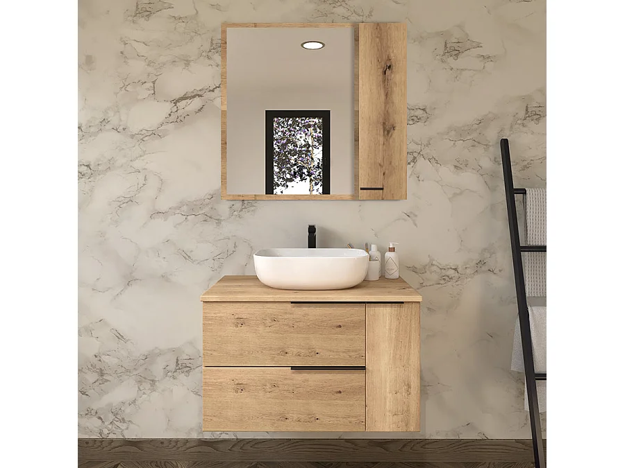 Meuble de salle de bain avec vasque à poser arrondie et miroir armoirette KING - Roble (chêne clair) - 80cm