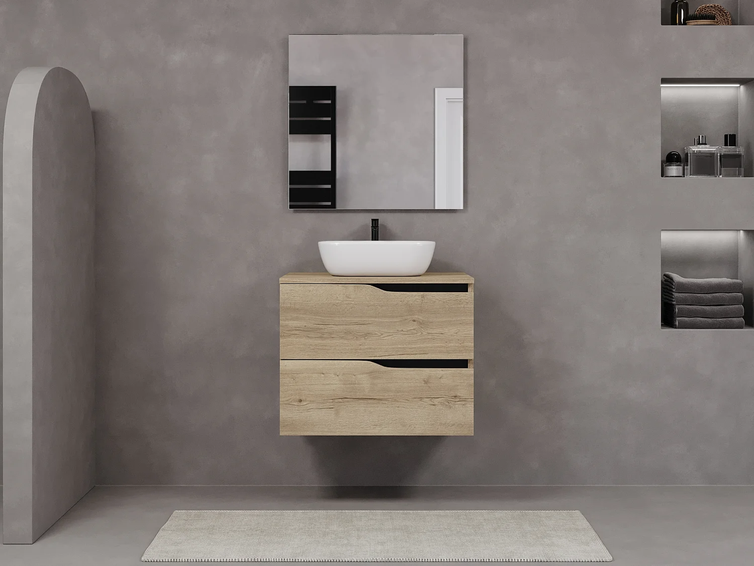 Meuble de salle de bain 60cm avec plateau et vasque à poser zeus - 2 tiroirs - sans miroir - madera miel (chêne clair) - LUNA