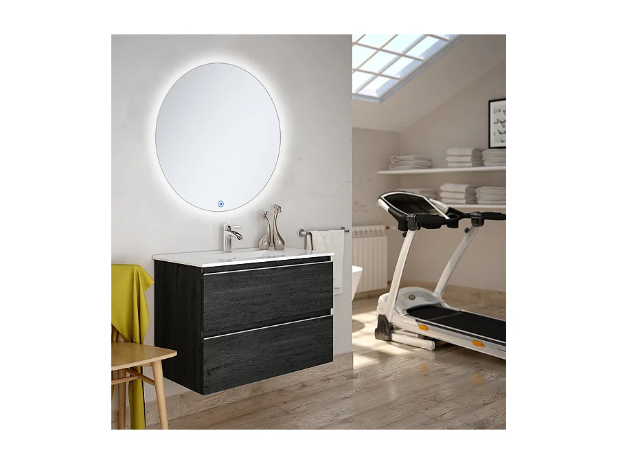 Meuble de salle de bain simple vasque - 2 tiroirs - BALEA et miroir rond Led SOLEN - ebony (bois noir) - 60cm
