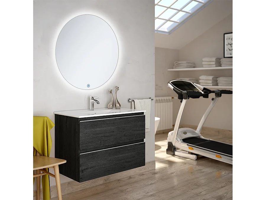 Meuble de salle de bain simple vasque - 2 tiroirs - BALEA et miroir rond Led SOLEN - ebony (bois noir) - 60cm