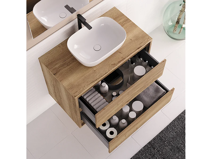 Meuble de salle de bain 80cm avec vasque à poser arrondie - 2 tiroirs - roble sanctuary (chêne clair) - ETIO