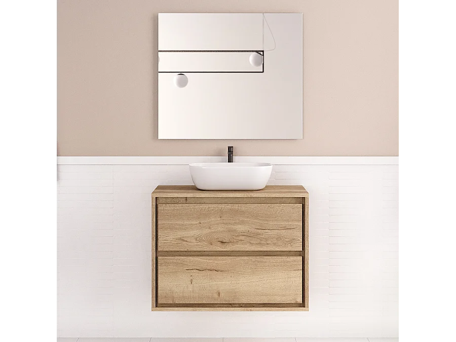 Meuble de salle de bain 80cm avec vasque à poser arrondie - 2 tiroirs - roble sanctuary (chêne clair) - ETIO