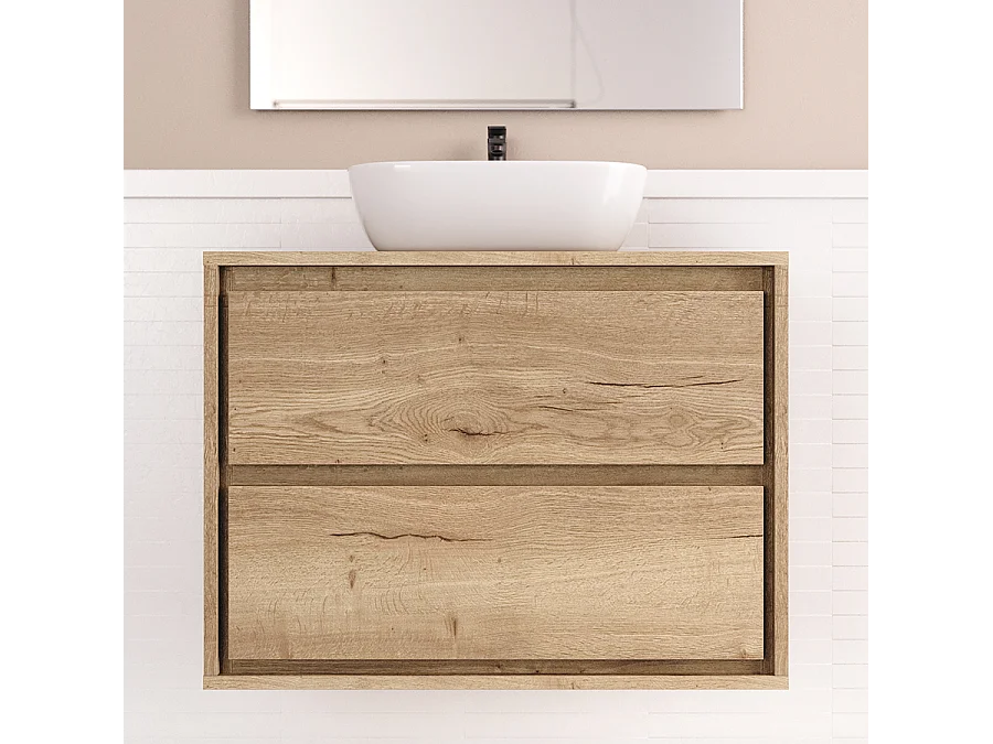 Meuble de salle de bain 80cm avec vasque à poser arrondie - 2 tiroirs - roble sanctuary (chêne clair) - ETIO