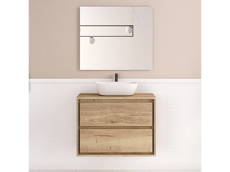 Meuble de salle de bain 80cm avec vasque à poser arrondie - 2 tiroirs - roble sanctuary (chêne clair) - ETIO