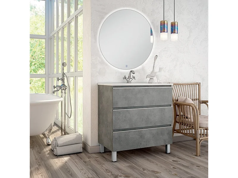 Meuble de salle de bain simple vasque - 3 tiroirs - PALMA et miroir rond Led SOLEN - ciment (gris) - 60cm