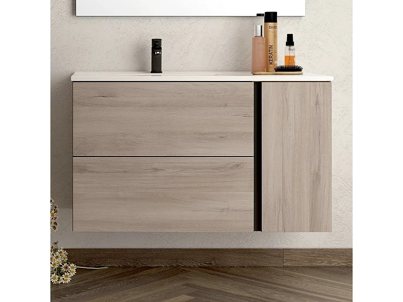 Meuble de salle de bain 80 cm vasque déportée - 2 tiroirs - sans miroir - PRADO - oak (chêne brut)