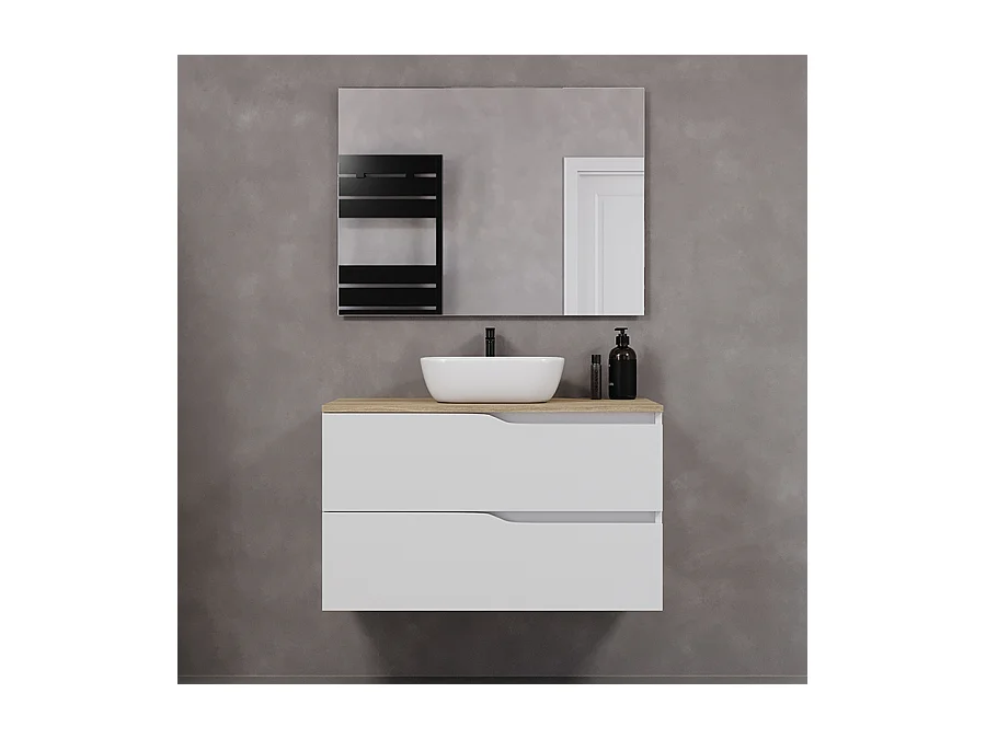 Meuble de salle de bain 90cm avec plateau miel et vasque à poser zeus - 2 tiroirs - blanc - LUNA