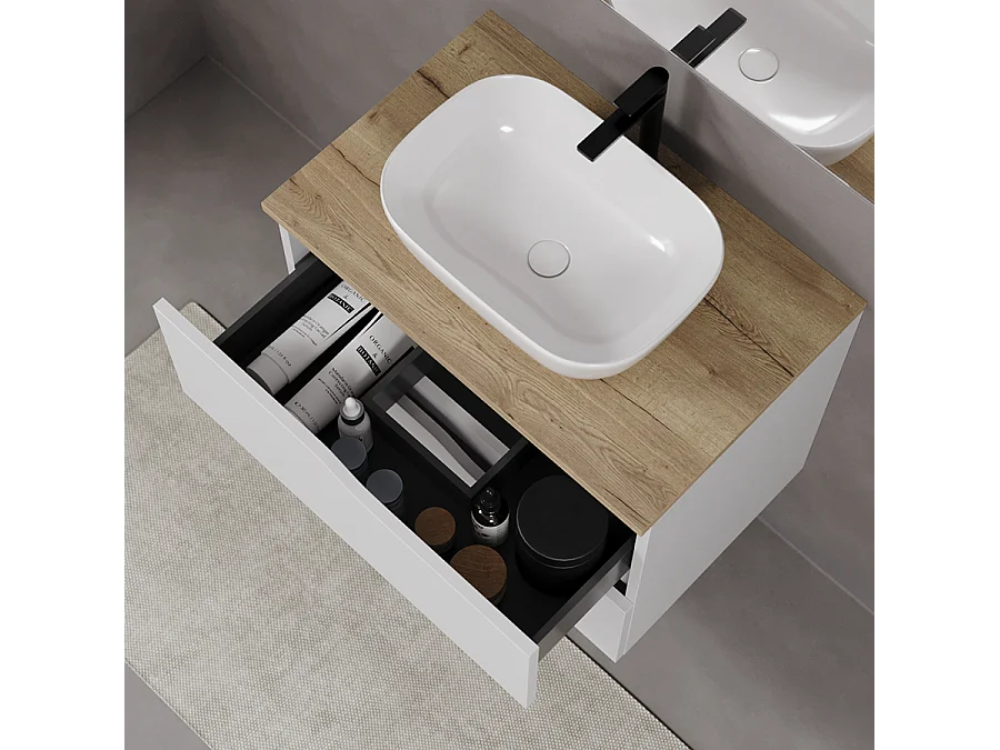 Meuble de salle de bain 90cm avec plateau miel et vasque à poser zeus - 2 tiroirs - blanc - LUNA