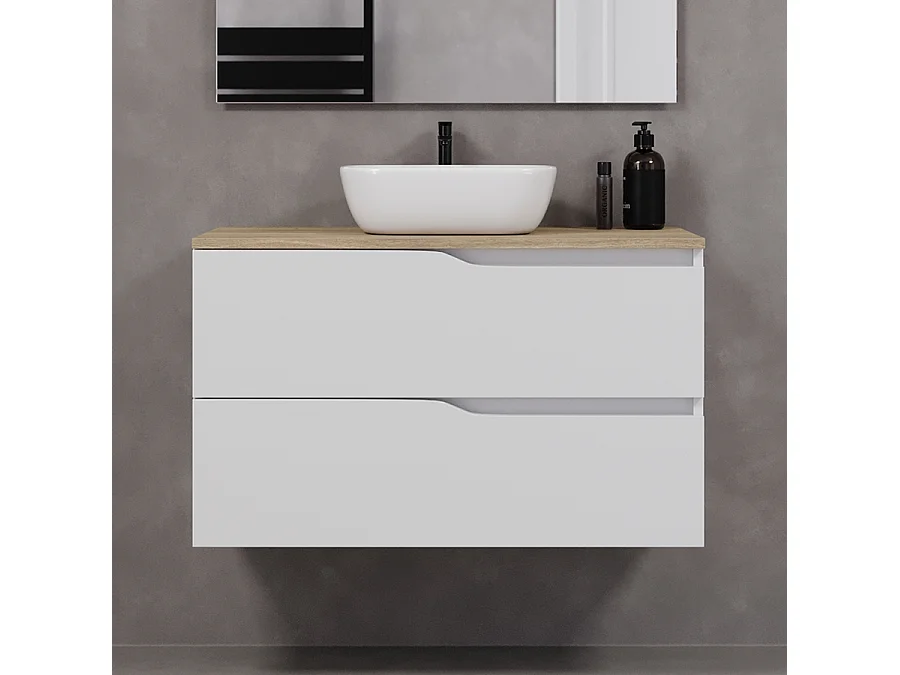 Meuble de salle de bain 90cm avec plateau miel et vasque à poser zeus - 2 tiroirs - blanc - LUNA