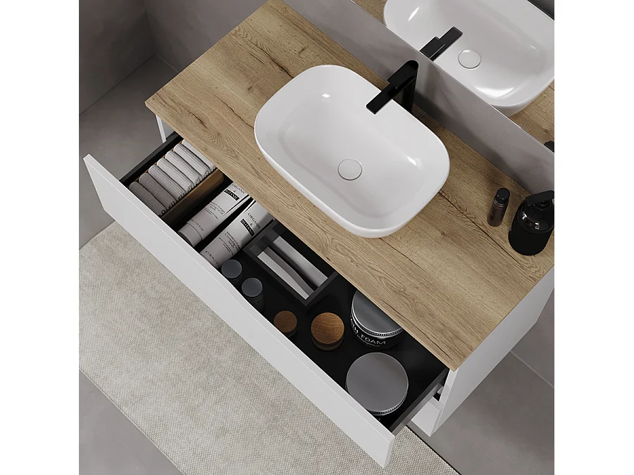 Meuble de salle de bain 90cm avec plateau miel et vasque à poser zeus - 2 tiroirs - blanc - LUNA
