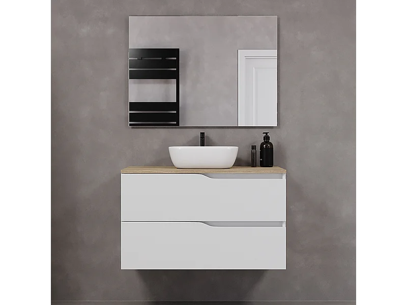 Meuble de salle de bain 90cm avec plateau miel et vasque à poser zeus - 2 tiroirs - blanc - LUNA