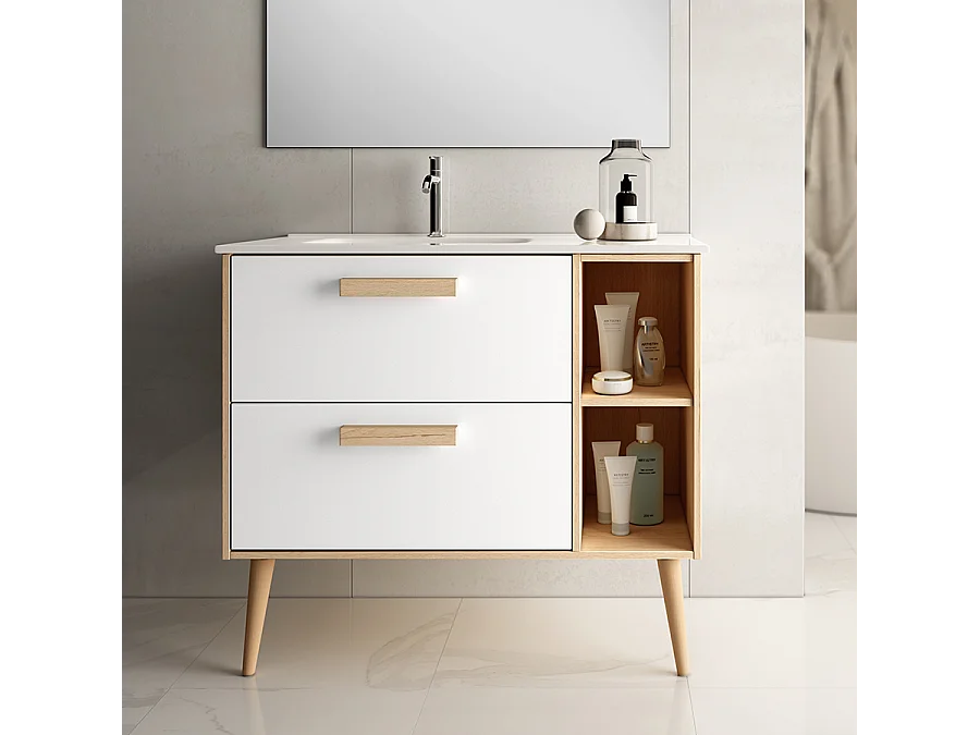 Meuble de salle de bain vasque déportée - 2 tiroirs - sans miroir - MALIA - blanc - 80cm