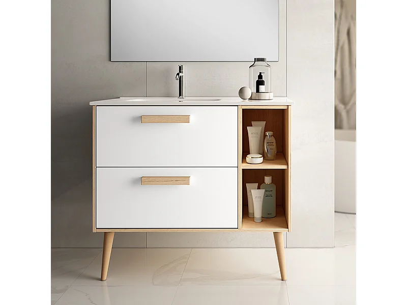 Meuble de salle de bain vasque déportée - 2 tiroirs - sans miroir - MALIA - blanc - 80cm