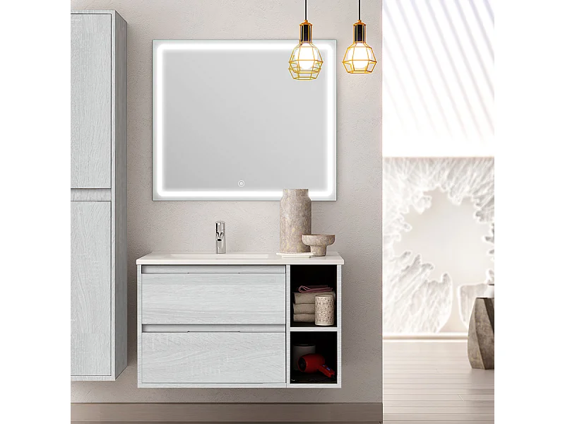 Meuble de salle de bain vasque déportée 2 tiroirs OLYMPE et miroir Led VELDI - hibernian (bois blanchi) - 80cm