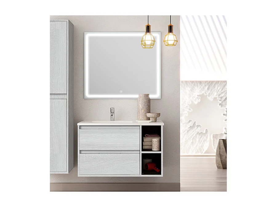 Meuble de salle de bain vasque déportée 2 tiroirs OLYMPE et miroir Led VELDI - hibernian (bois blanchi) - 80cm