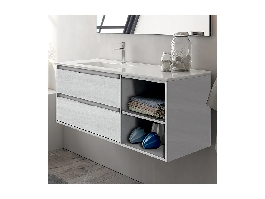 Meuble de salle de bain vasque déportée 2 tiroirs OLYMPE et miroir Led VELDI - hibernian (bois blanchi) - 80cm