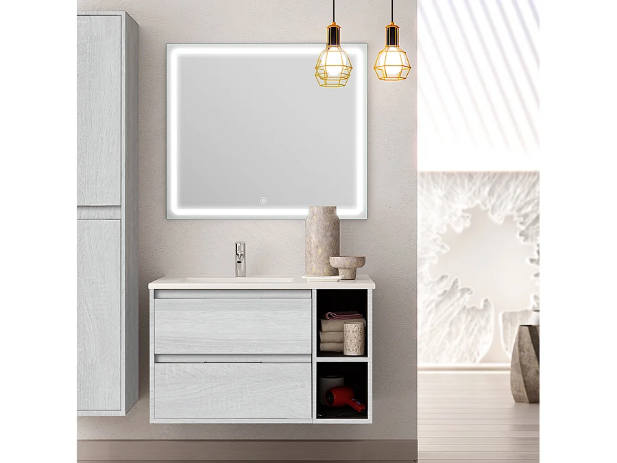 Meuble de salle de bain vasque déportée 2 tiroirs OLYMPE et miroir Led VELDI - hibernian (bois blanchi) - 80cm