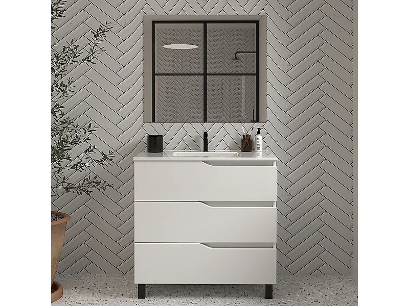 Meuble de salle de bain 60cm simple vasque - 3 tiroirs - blanc - MATA