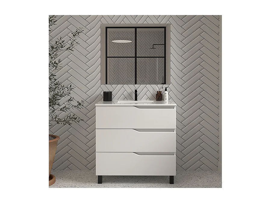 Meuble de salle de bain 60cm simple vasque - 3 tiroirs - blanc - MATA