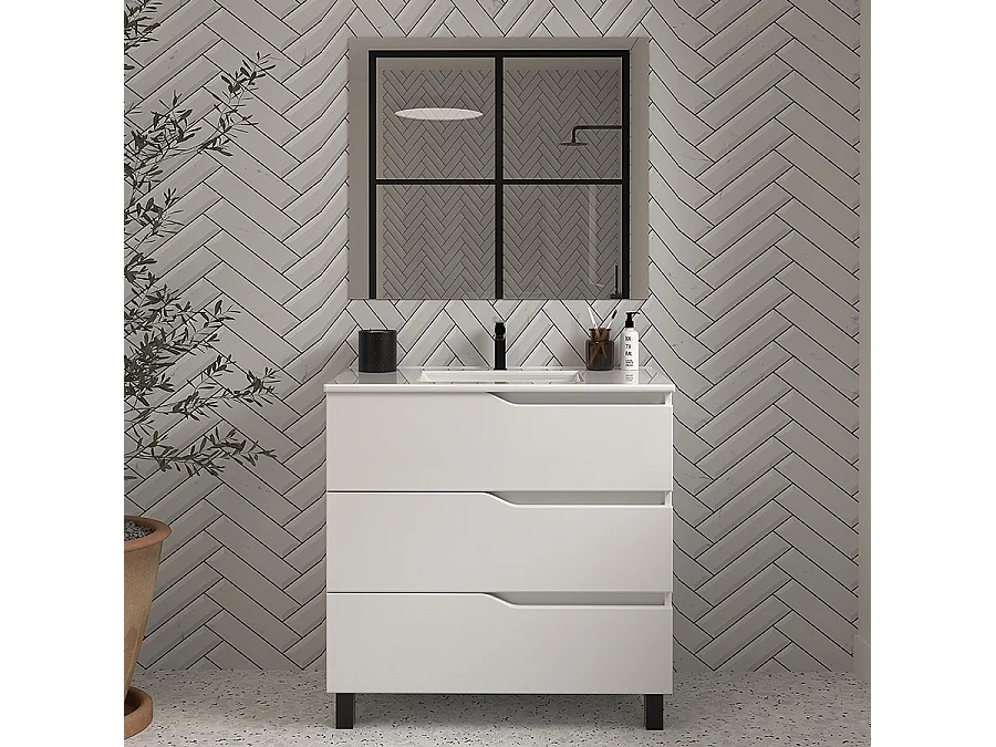 Meuble de salle de bain 60cm simple vasque - 3 tiroirs - blanc - MATA