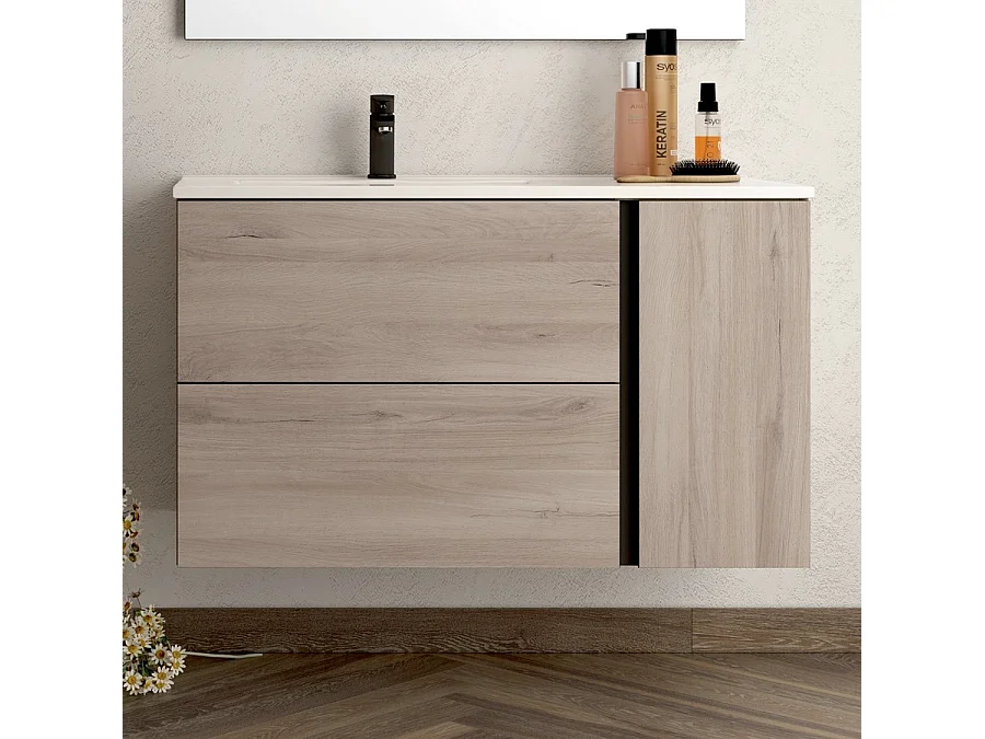 Meuble de salle de bain vasque déportée - 2 tiroirs - PRADO et miroir Led STAM - oak (chêne brut) - 80cm