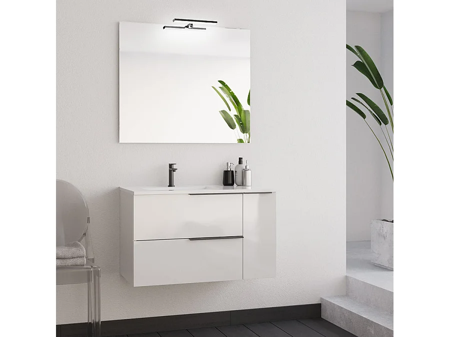 Meuble de salle de bain 80cm avec vasque déportée et miroir avec applique - blanc - KING