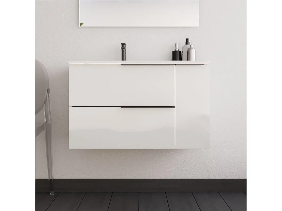 Meuble de salle de bain 80cm avec vasque déportée et miroir avec applique - blanc - KING