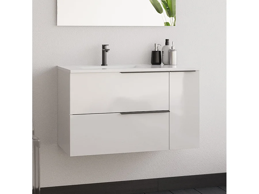 Meuble de salle de bain 80cm avec vasque déportée et miroir avec applique - blanc - KING