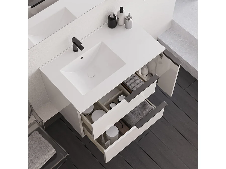 Meuble de salle de bain 80cm avec vasque déportée et miroir avec applique - blanc - KING