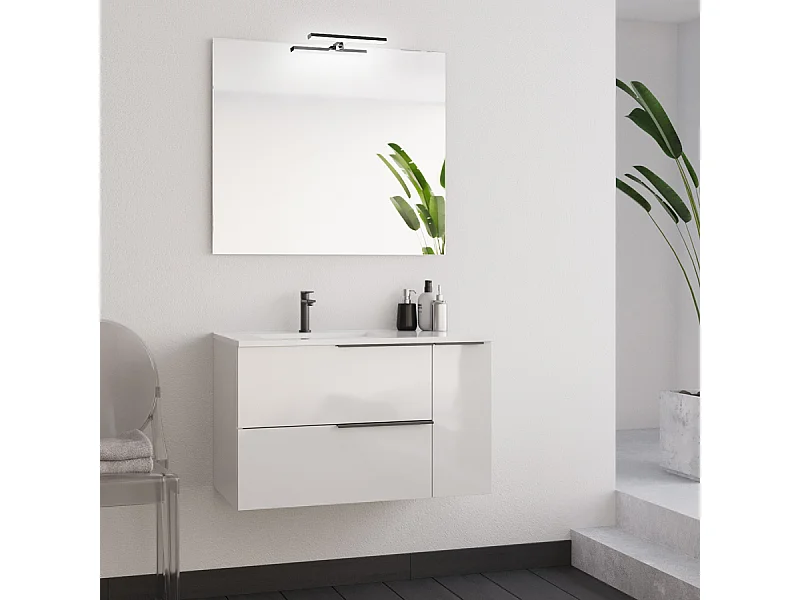Meuble de salle de bain 80cm avec vasque déportée et miroir avec applique - blanc - KING