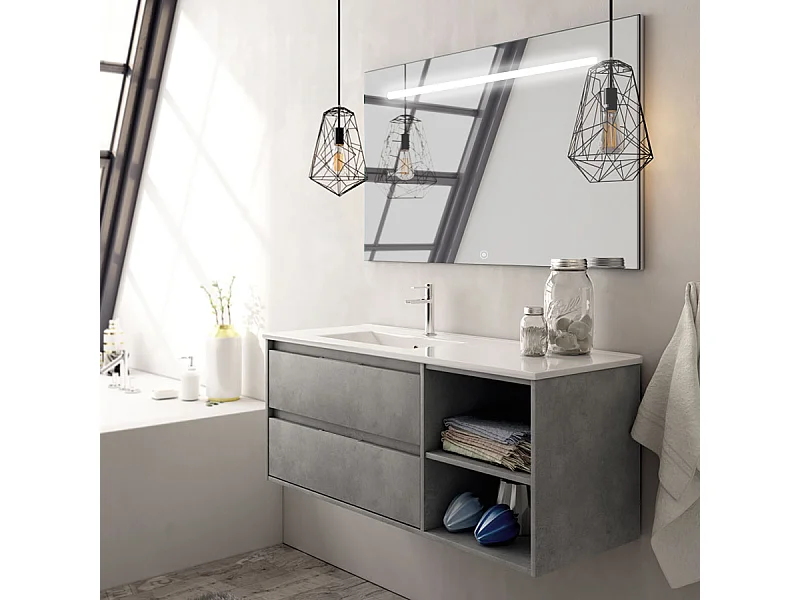 Meuble de salle de bain vasque déportée 2 tiroirs OLYMPE et miroir Led STAM - ciment (gris) - 120cm