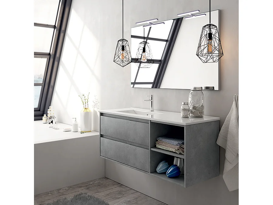 Meuble de salle de bain vasque déportée 2 tiroirs OLYMPE et miroir Led STAM - ciment (gris) - 120cm