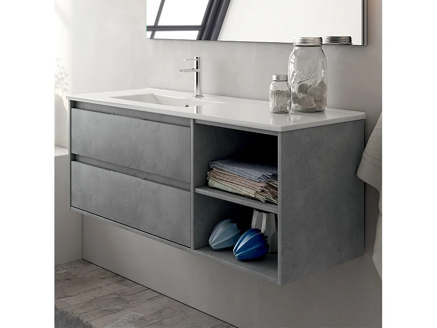 Meuble de salle de bain vasque déportée 2 tiroirs OLYMPE et miroir Led STAM - ciment (gris) - 120cm