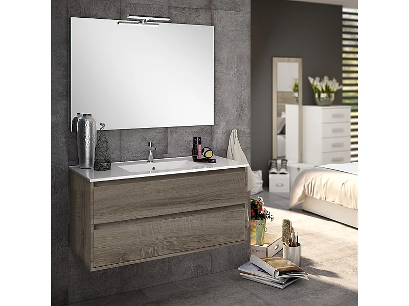 Meuble de salle de bain 100cm simple vasque - 2 tiroirs - IRIS - britannia (chêne foncé)