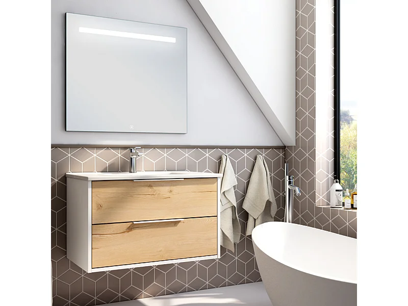 Meuble de salle de bain simple vasque - 2 tiroirs - ALBA et miroir STAM - blanc-Chêne - 80cm