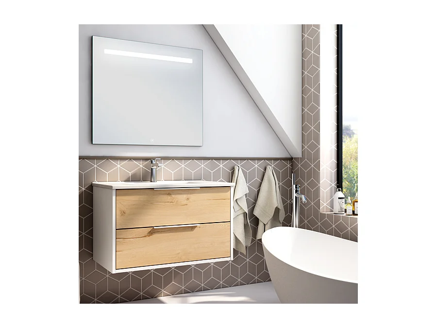 Meuble de salle de bain simple vasque - 2 tiroirs - ALBA et miroir STAM - blanc-Chêne - 80cm