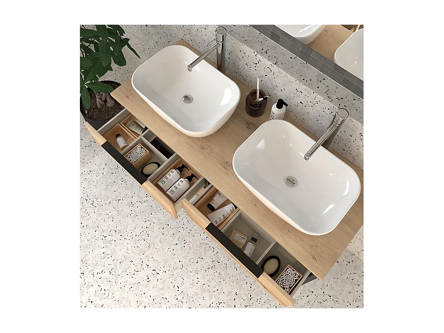 Meuble de salle de bain simple vasque - 2 tiroirs - ALBA et miroir STAM - blanc-Chêne - 80cm