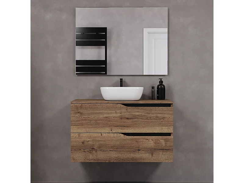Meuble de salle de bain 100cm avec plateau et vasque à poser zeus - 2 tiroirs - tabaco (chêne foncé) - LUNA