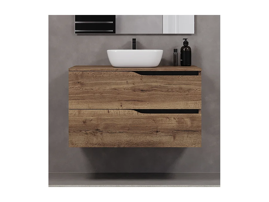 Meuble de salle de bain 100cm avec plateau et vasque à poser zeus - 2 tiroirs - tabaco (chêne foncé) - LUNA