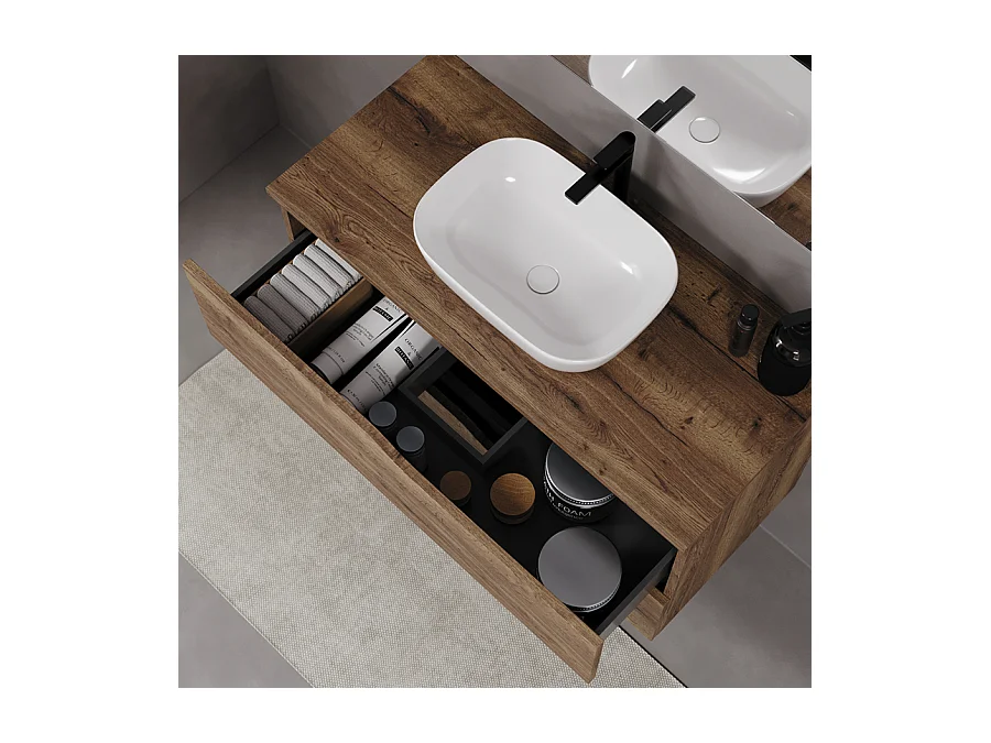 Meuble de salle de bain 100cm avec plateau et vasque à poser zeus - 2 tiroirs - tabaco (chêne foncé) - LUNA