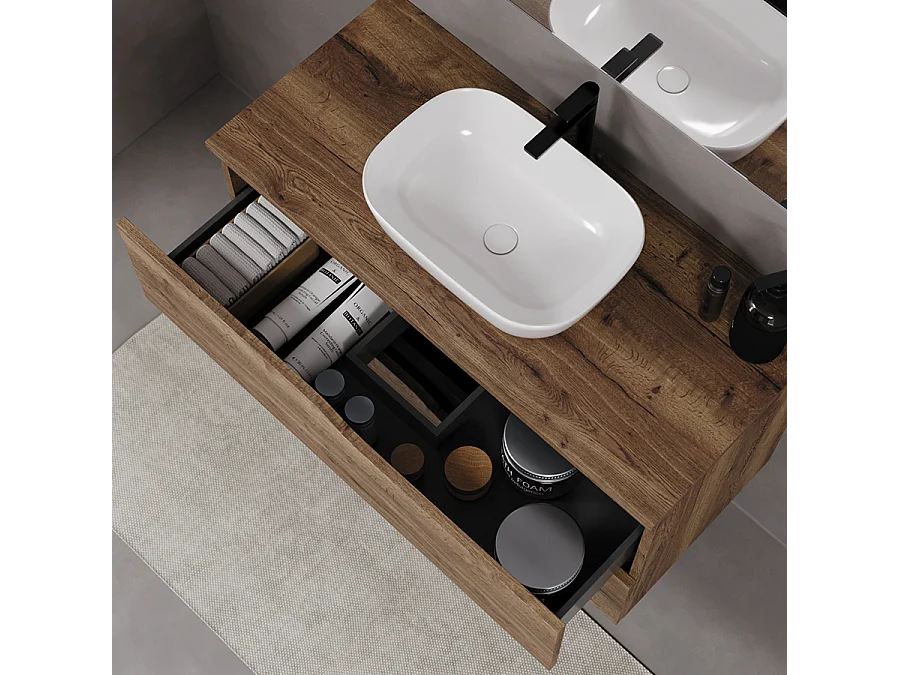 Meuble de salle de bain 100cm avec plateau et vasque à poser zeus - 2 tiroirs - tabaco (chêne foncé) - LUNA