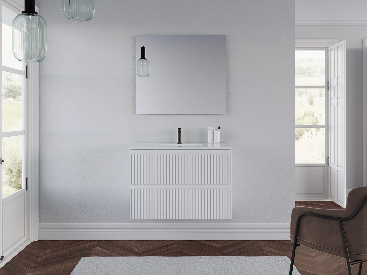 Meuble de salle de bain 60cm avec plan simple vasque - sans miroir - 2 tiroirs - blanc - RIBERA
