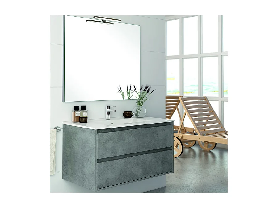 Meuble de salle de bain simple vasque - 2 tiroirs - IRIS et miroir Led STAM - ciment (gris) - 80cm