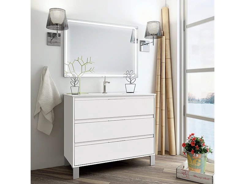 Meuble de salle de bain simple vasque - 3 tiroirs - TIRIS 3C et miroir Led VELDI - blanc - 100cm