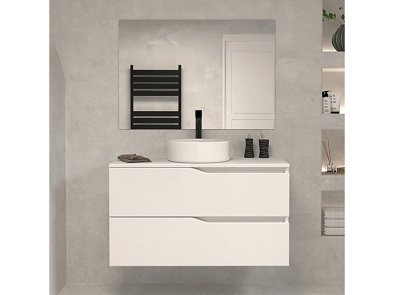 Meuble de salle de bain 100 avec plateau et vasque à poser - 2 tiroirs - blanc - LUNA