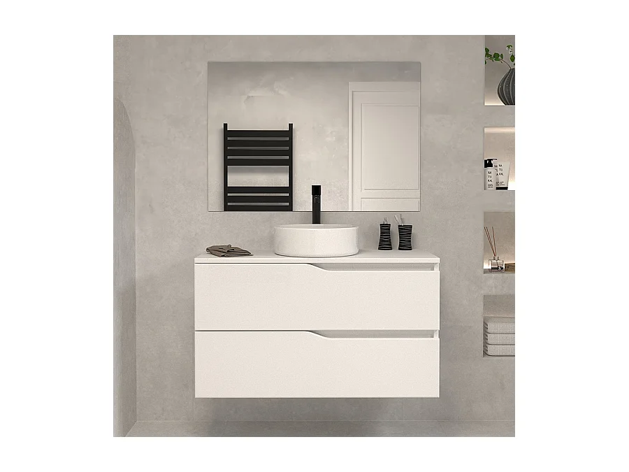 Meuble de salle de bain 100 avec plateau et vasque à poser - 2 tiroirs - blanc - LUNA