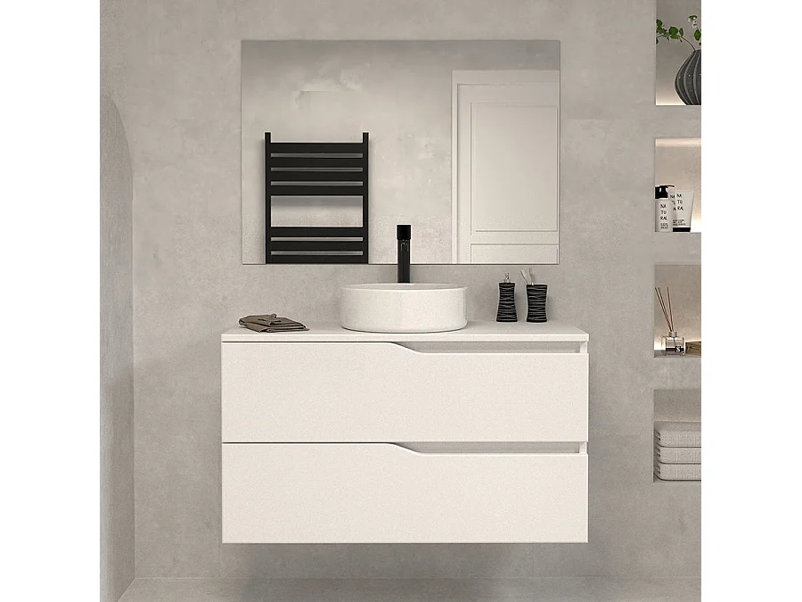 Meuble de salle de bain 100 avec plateau et vasque à poser - 2 tiroirs - blanc - LUNA