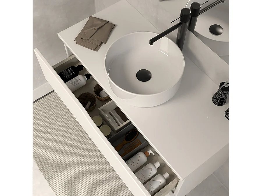 Meuble de salle de bain 100 avec plateau et vasque à poser - 2 tiroirs - blanc - LUNA